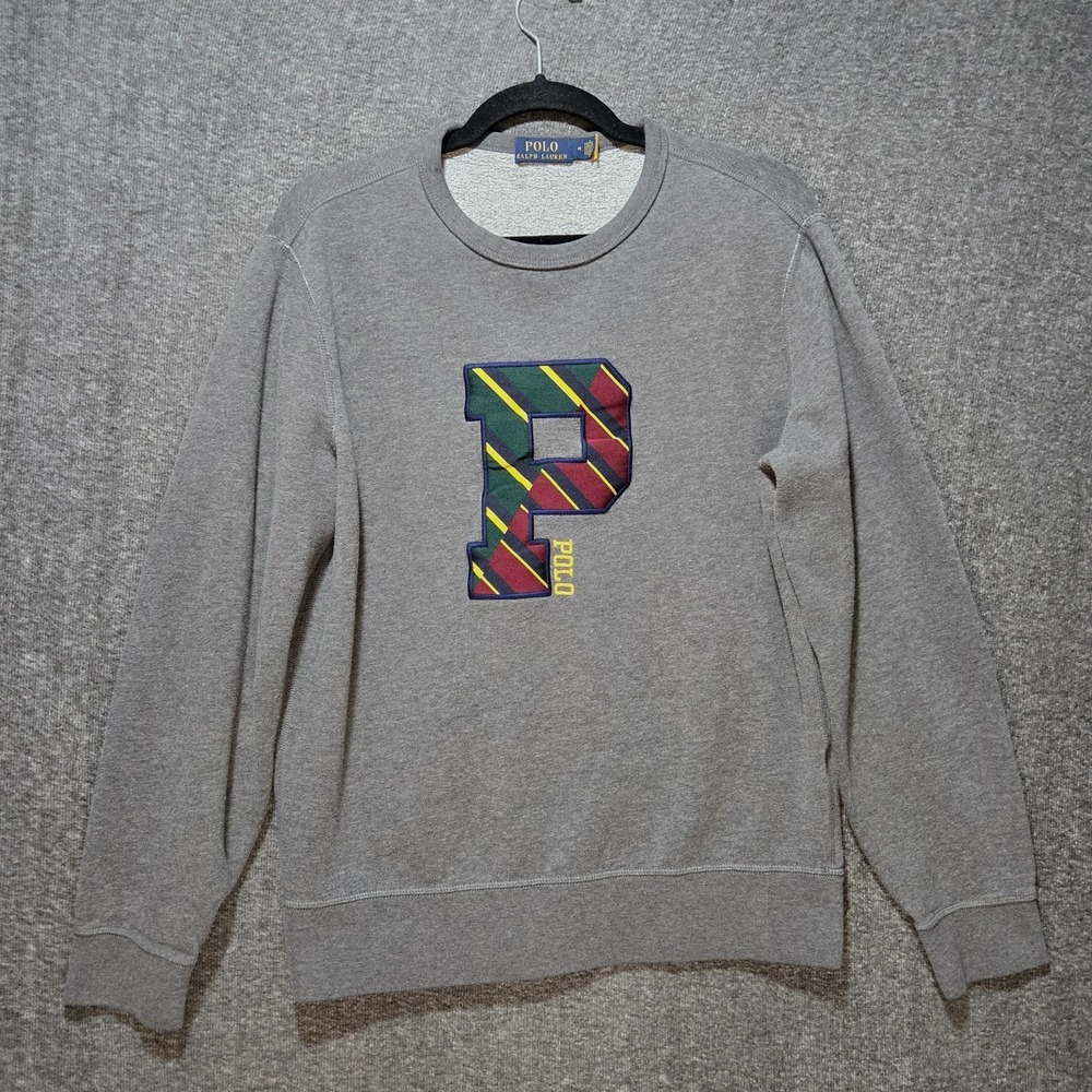 Polo Ralph Lauren Varsity Letterman Logo Sweatshirt Size Medium Gray